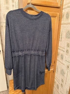 Casual Long Sleeve Drawstring Waist Dress - w/pockets Heathered Navy